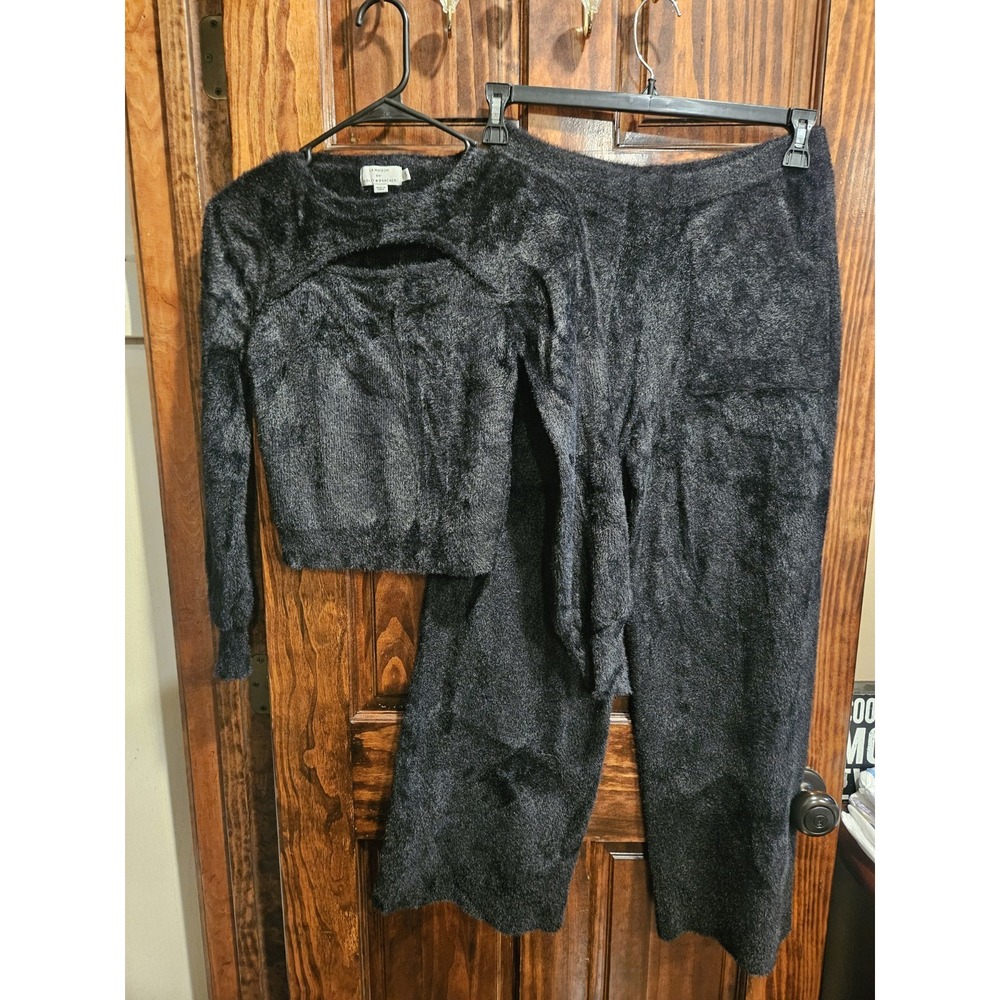 La Maison Molly Bracken Black 2 Piece Fuzzy Set Cutout Sweater Wide Leg Pants S
